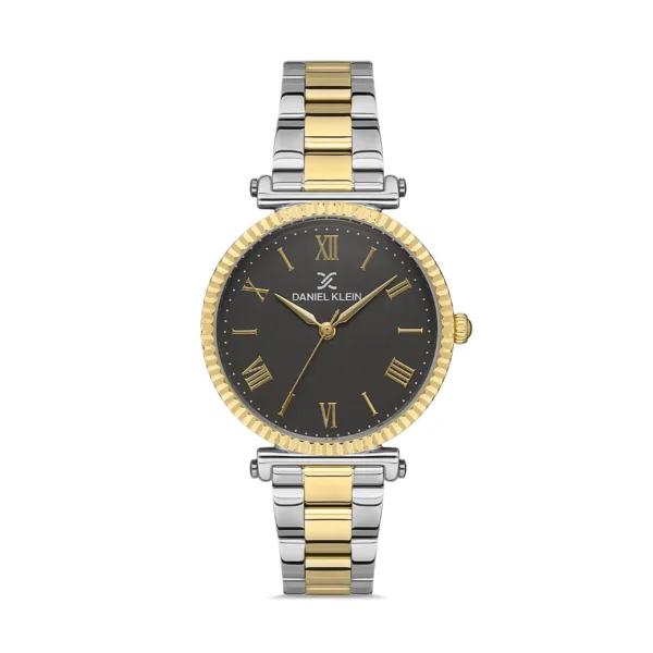 Montre élégante Daniel Klein pour femme avec cadran noir et bracelet métallique bicolore.