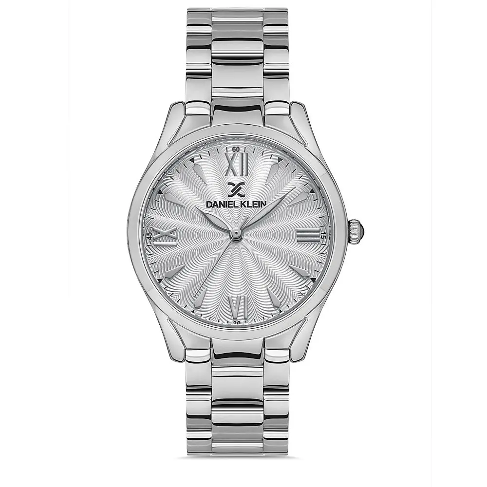 Montre élégante Daniel Klein femme, argentée avec cadran texturé.