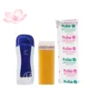 Kit d'épilation avec chauffe-cire bleu marine, cartouche de cire jaune et bandes de dépilation Pollié. Idéal pour une épilation professionnelle.