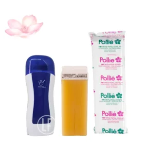 Kit d'épilation avec chauffe-cire bleu marine, cartouche de cire jaune et bandes de dépilation Pollié. Idéal pour une épilation professionnelle.
