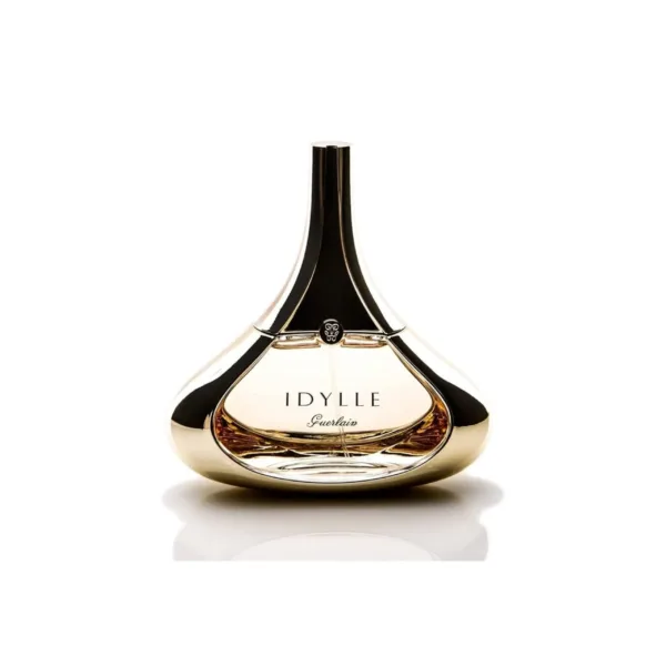 Flacon de parfum Guerlain Idylle 35 ml, forme goutte d’or, étiquette noire et dorée.