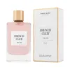 Flacon de parfum “FRENCH CLUB FOR HER” de Paris Bleu Parfums, rose pâle avec bouchon doré, à côté de son emballage blanc.