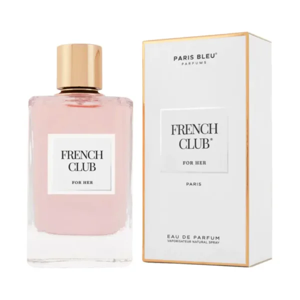 Flacon de parfum “FRENCH CLUB FOR HER” de Paris Bleu Parfums, rose pâle avec bouchon doré, à côté de son emballage blanc.