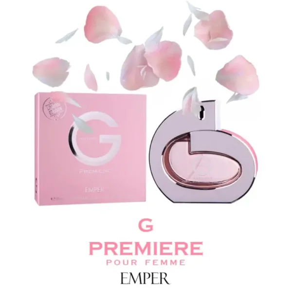 Parfum G Premiere d’Emper pour femme, flacon rose en forme de G avec bouchon argenté, entouré de pétales de roses.