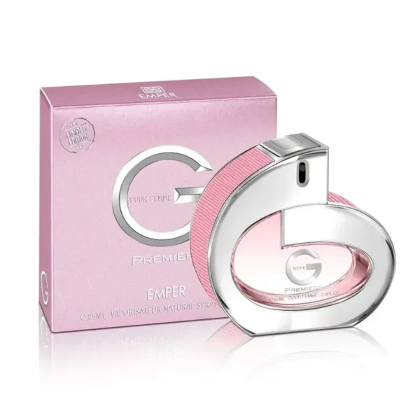Parfum G Premiere d’Emper pour femme, flacon rose et argent, à côté de son emballage assorti.