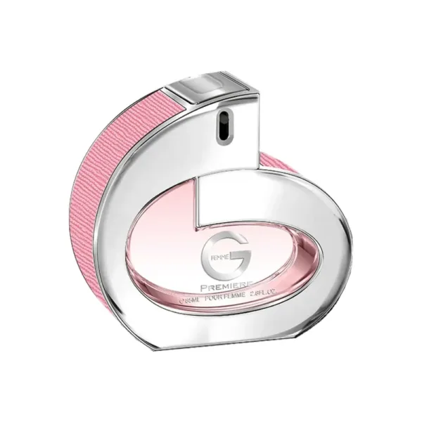 Flacon de parfum circulaire argenté et rose avec détails texturés et parfum visible.