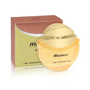 Flacon de parfum MONACO pour femme, sphérique avec capuchon doré et liquide jaune, emballage dégradé pêche-jaune.