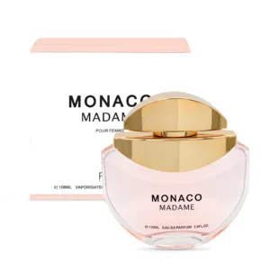 Flacon de parfum féminin MONACO MADAME, rose pâle avec bouchon doré.