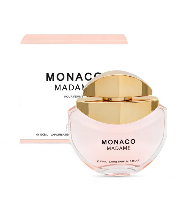 Flacon de parfum féminin MONACO MADAME, rose pâle avec bouchon doré.