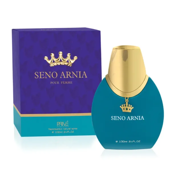 Flacon de parfum SENO ARNIA pour femme avec emballage violet, flacon en forme de goutte avec capuchon doré.