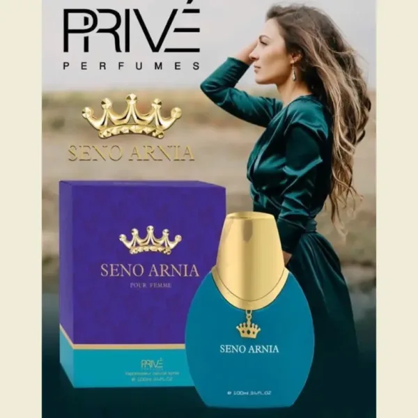 Flacon et emballage de parfum “Seno Arnia” pour femme avec logo couronne, flacon doré et boîte bleue.