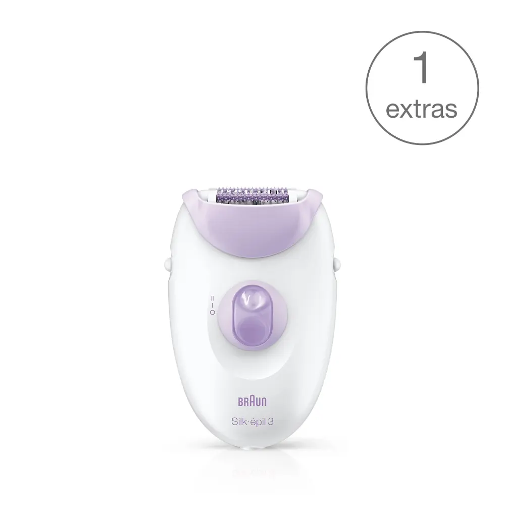 Épilateur Braun Silk-épil 3 blanc et violet avec un accessoire supplémentaire pour une épilation douce et efficace.