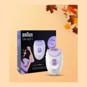 Épilateur Braun Silk-épil 3 avec tête supplémentaire, présenté dans un emballage noir et violet, idéal pour une peau lisse.