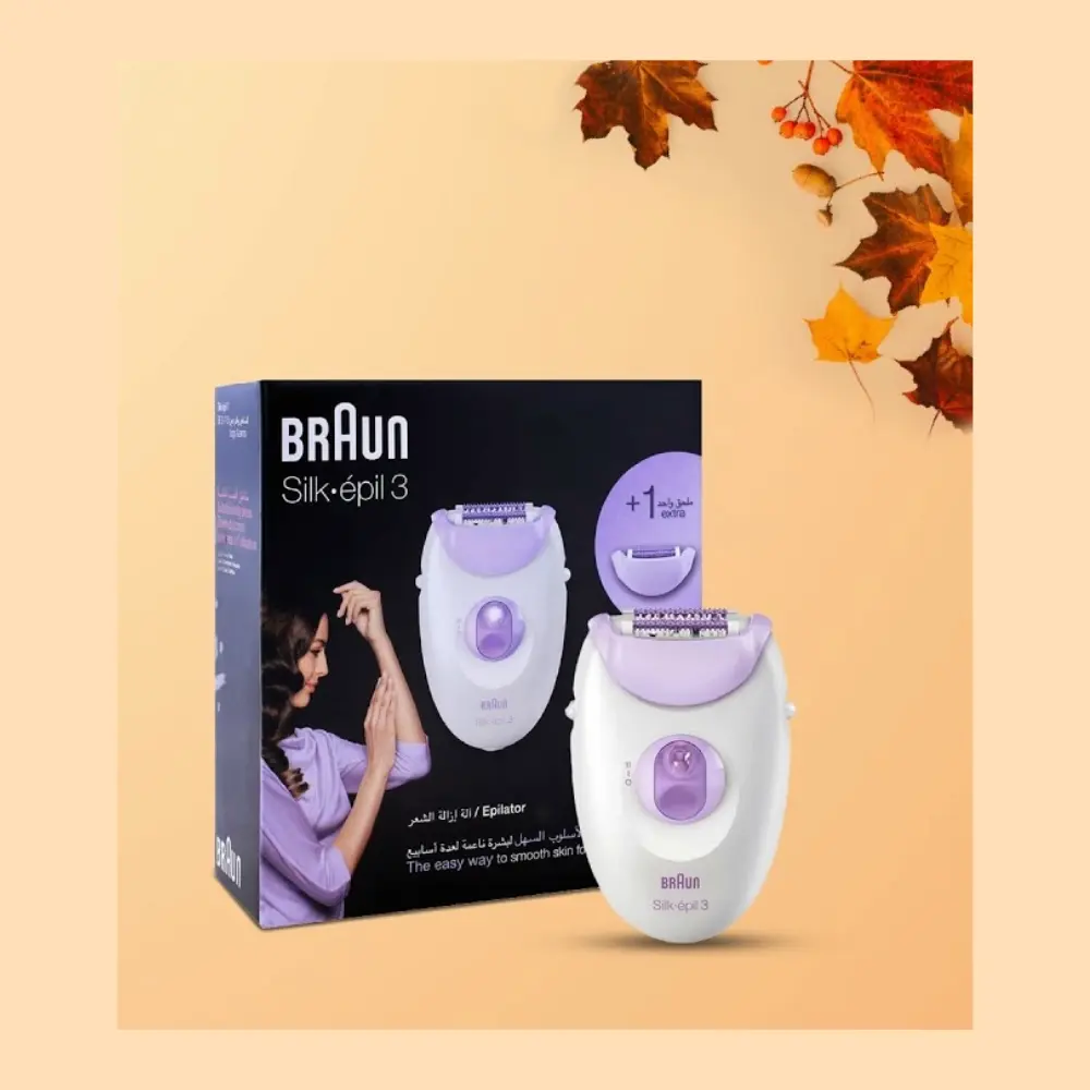 Épilateur Braun Silk-épil 3 avec tête supplémentaire, présenté dans un emballage noir et violet, idéal pour une peau lisse.