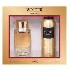 Ensemble WRITER GOLD pour homme avec eau de toilette et déodorant, dans un emballage élégant avec des détails dorés.