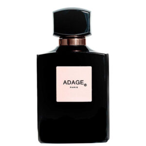 Flacon de parfum noir avec accents cuivrés et étiquette rose portant l’inscription “ADAGE PARIS”.