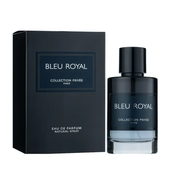 Flacon et emballage de parfum BLEU ROYAL pour homme, avec une étiquette bleu profond indiquant “COLLECTION PRIVÉE PARIS”.