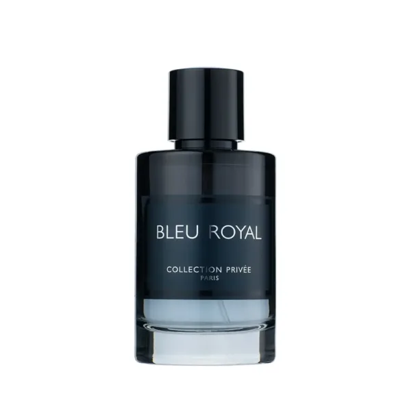 Flacon de parfum Bleu Royal pour homme, avec une étiquette bleu profond indiquant “COLLECTION PRIVÉE PARIS”.