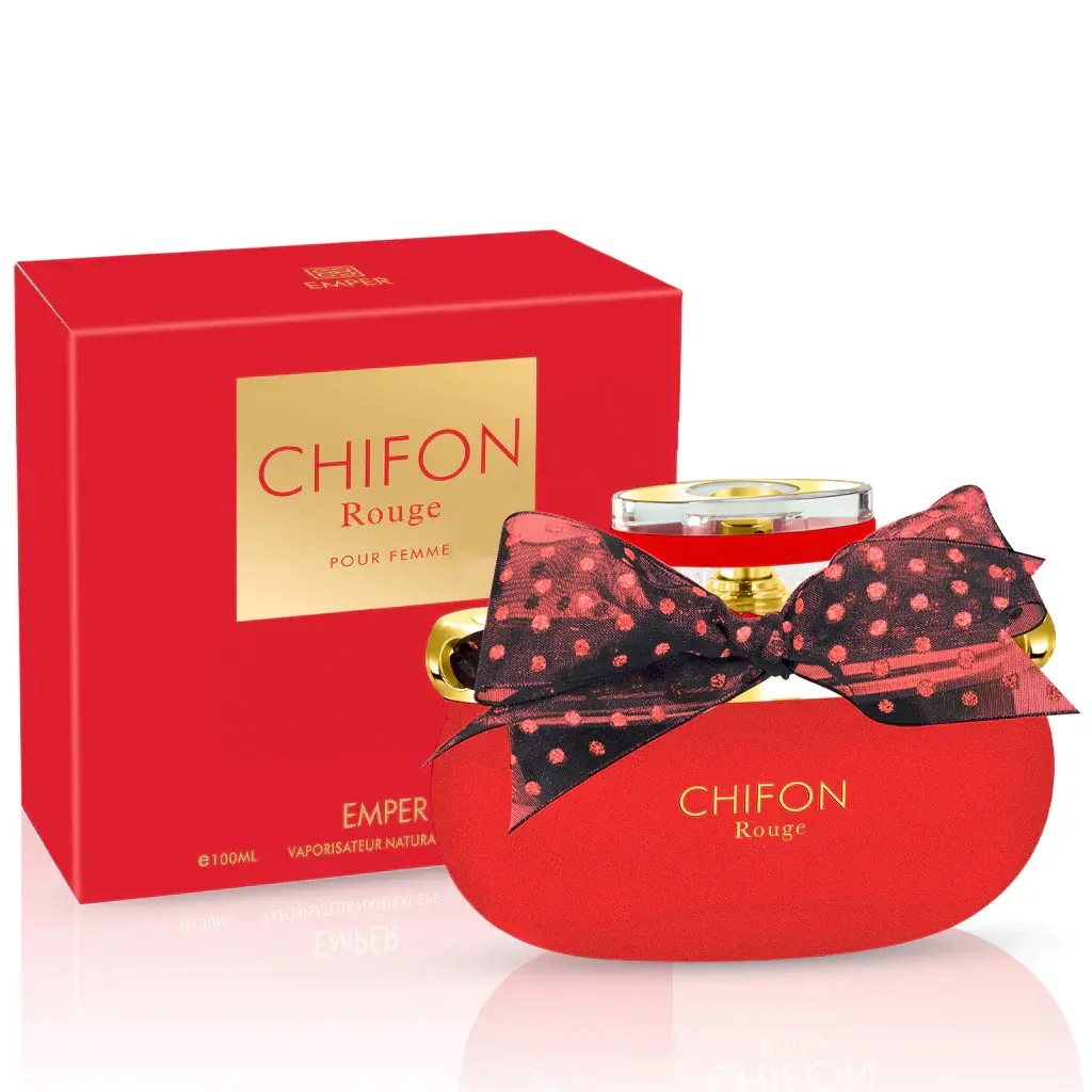 “Flacon de parfum CHIFON Rouge rond avec nœud, à côté de son emballage rouge.”