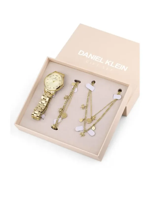 Coffret Daniel Klein 3 pièces pour femme incluant montre dorée, collier et bracelet assortis.