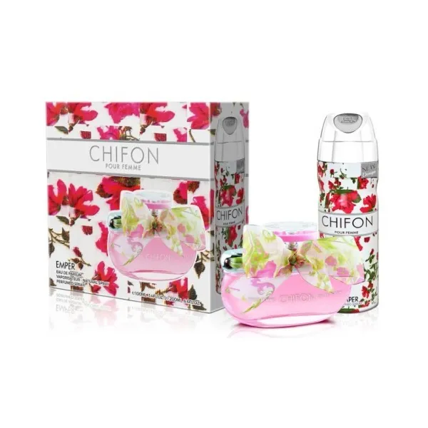 Coffret Chifon pour femme E.d.p 100 ml + Déodorant 200 ml de la marque Emper. Un parfum floral.