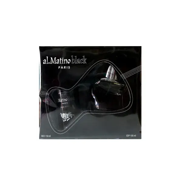 Coffret Al.Matino Black Paris pour homme avec flacon en forme de guitare et produit de soin, sur fond noir élégant.