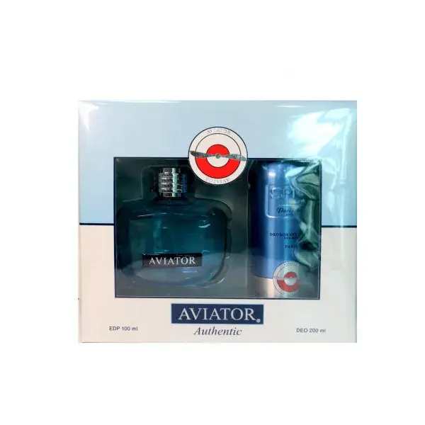 Coffret AVIATOR pour homme avec eau de parfum 100 ml et déodorant 200 ml, présenté dans une boîte élégante.