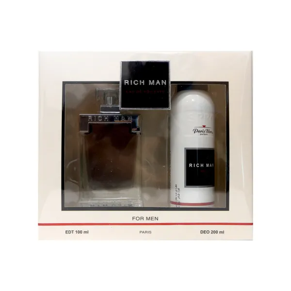 Coffret RICH MAN pour homme avec eau de toilette 100 ml et déodorant 200 ml, dans un emballage élégant.