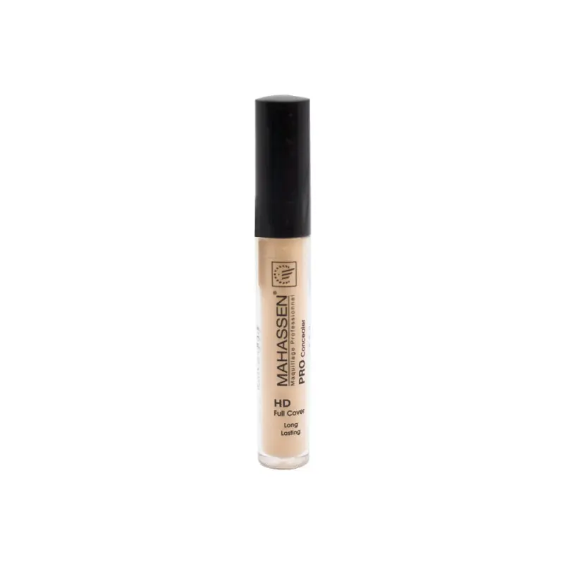 Tube d'anticernes Mahassen Pro Concealer HD Full Cover Long Lasting avec bouchon noir, contenant un produit beige clair.