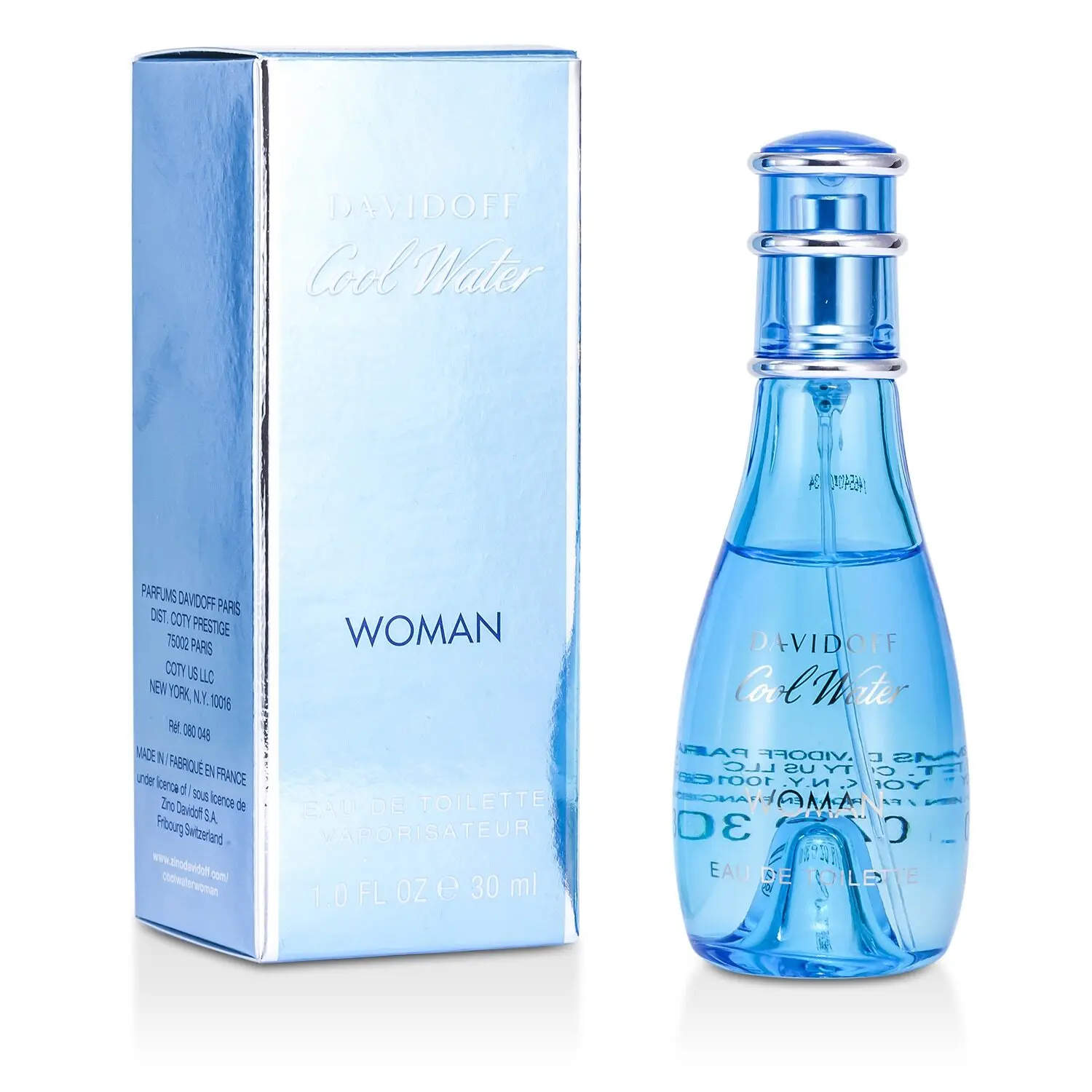 Flacon et boîte de l'eau de toilette Davidoff Cool Water pour femme, 30 ml, avec un design bleu élégant et moderne.