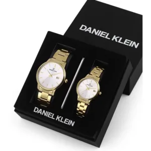 Coffret Daniel Klein or avec deux montres et stylo, idéal pour couples.