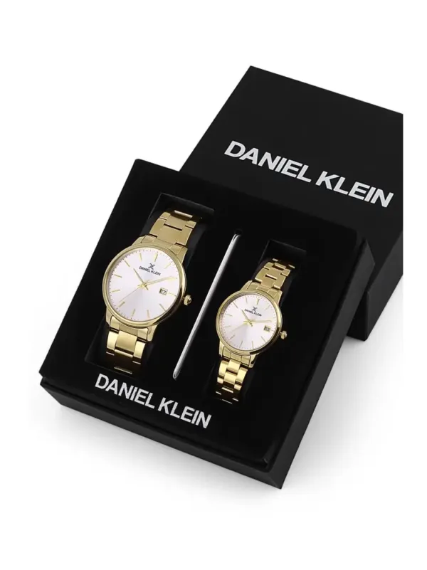 Coffret Daniel Klein or avec deux montres et stylo, idéal pour couples.