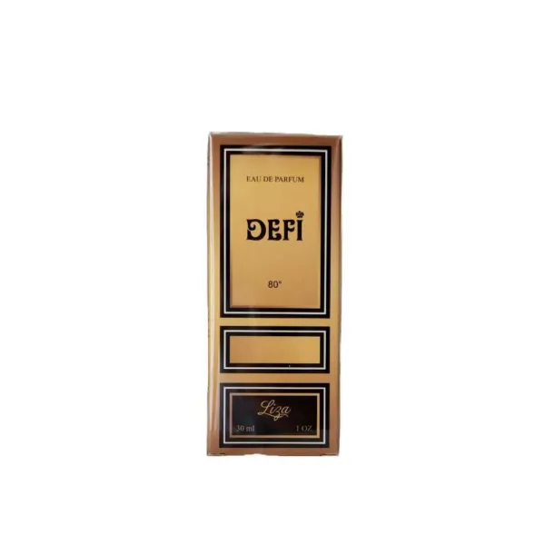 Flacon de parfum DEFI 30 ml avec design doré et noir, évoquant luxe et sophistication.