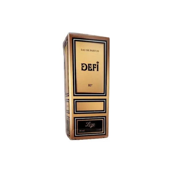 Flacon de parfum DEFI 30 ml avec design doré et noir, évoquant luxe et sophistication.