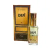 Flacon de parfum transparent DEFI et emballage marron doré.