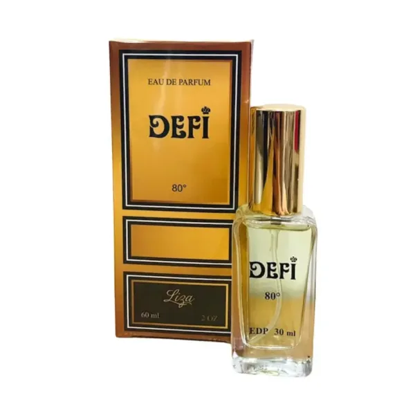 Flacon de parfum transparent DEFI et emballage marron doré.