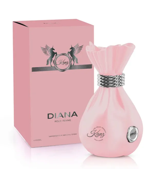 Parfum DIANA KANZ pour femme, flacon rose plissé avec bande argentée, boîte rose avec chevaux ailés.