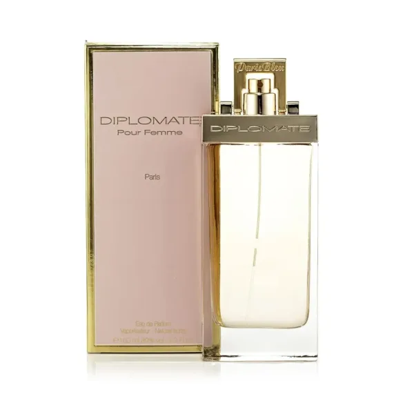 Flacon de parfum DIPLOMATE pour femme avec emballage rose doré.