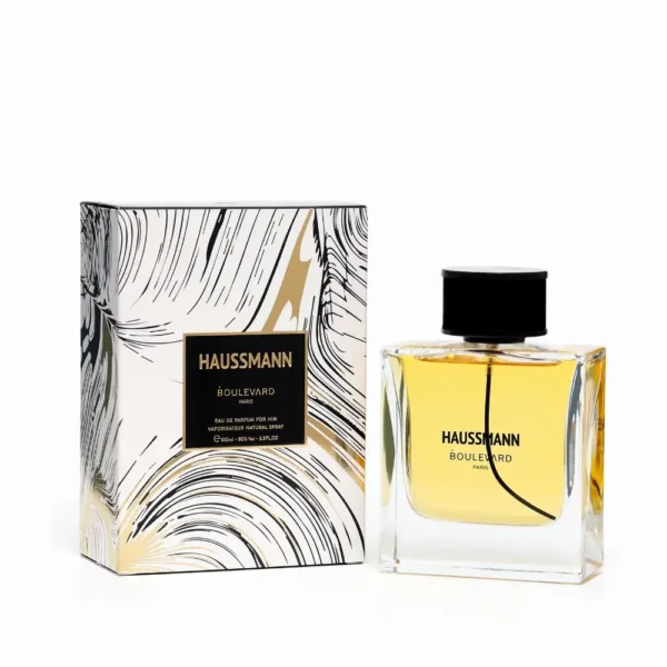 Parfum Boulevard Haussmann EDP pour homme 100ml avec emballage aux motifs tourbillonnants noirs et dorés sur fond blanc.