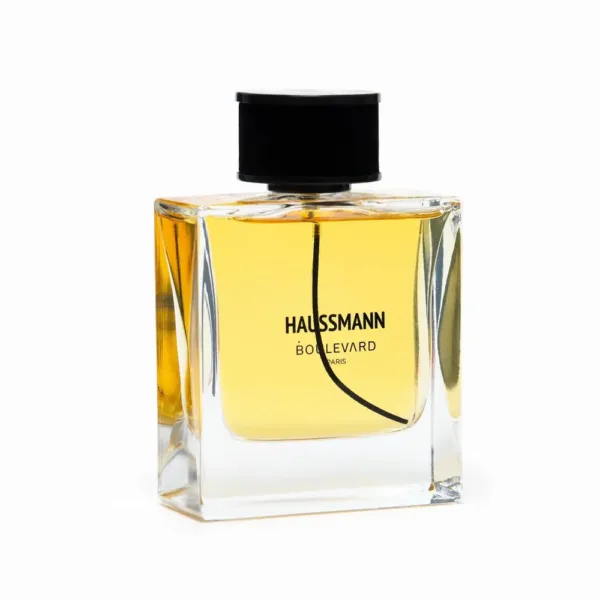 Flacon de parfum HAUSSMANN BOULEVARD avec liquide jaune.