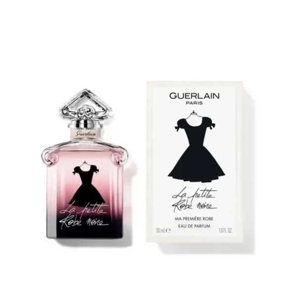 Parfum Guerlain ‘La Petite Robe Noire’ pour femme, flacon rose dégradé avec robe noire, emballage blanc assorti.