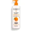 Flacon de lotion corporelle nourrissante Evoluderm Carotte Vitaminée de 500 ml, avec pompe orange, pour peaux sèches, fabriqué en France.