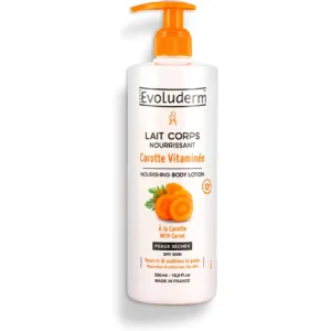Flacon de lotion corporelle nourrissante Evoluderm Carotte Vitaminée de 500 ml, avec pompe orange, pour peaux sèches, fabriqué en France.