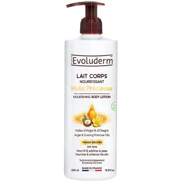 Flacon de 500 ml de lait corps nourrissant Evoluderm Huile Précieuse, enrichi en huiles d'argan et d'onagre, pour peaux sèches.