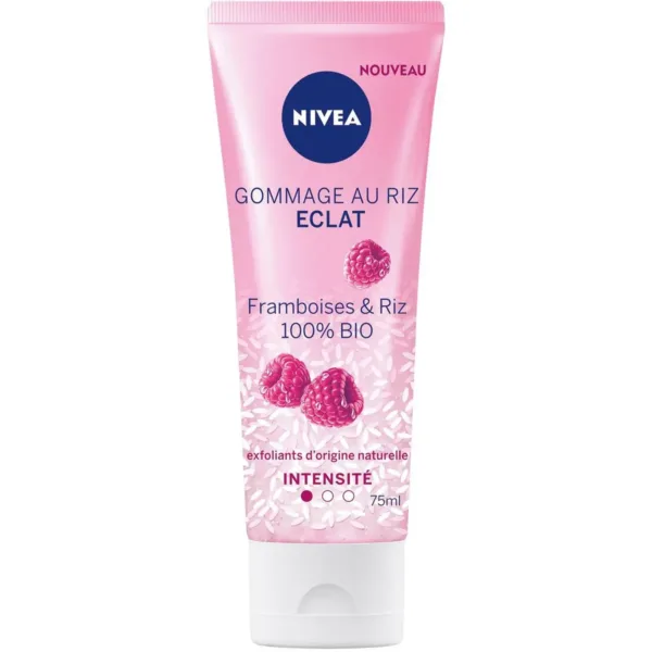 Tube rose de gommage corps et visage NIVEA au riz et framboises bio pour exfoliation douce.