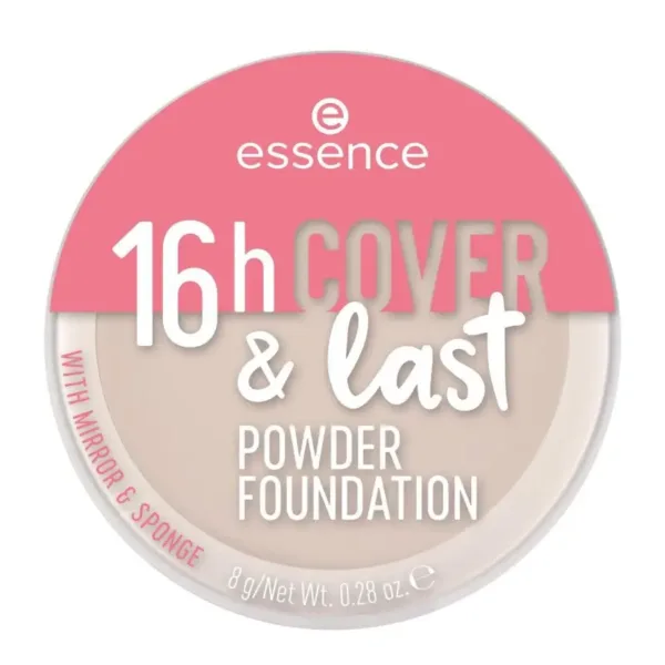 Poudre compacte Essence "16H Cover and Last" avec miroir et éponge, 8g/0.28oz. Emballage rose et beige.