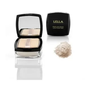 Poudre libre Lella avec miroir et applicateur, boîtier noir élégant, poudre fine beige, idéale pour un fini mat et naturel.