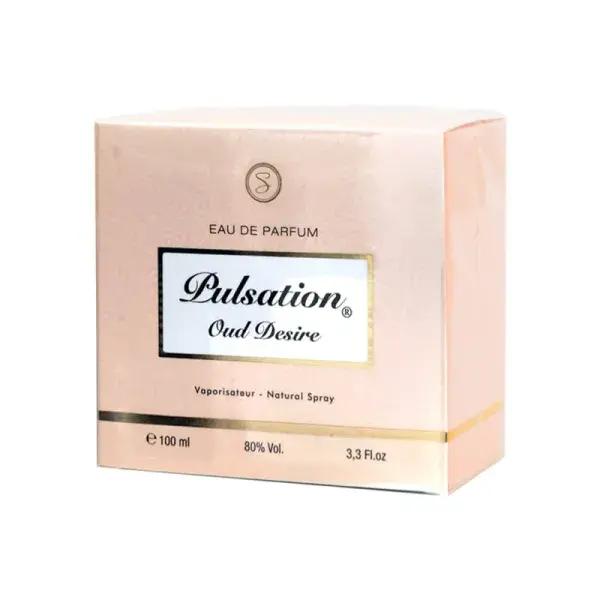 Boîte parfum Pulsation Oud Desire, rose pâle, 100ml.