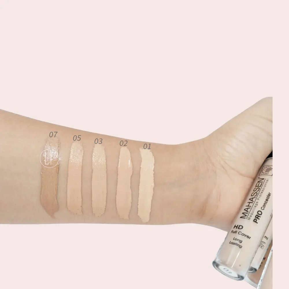 Nuancier de correcteurs Mahassen HD Full Cover, avec cinq teintes (01, 02, 03, 05, 07) appliquées sur un avant-bras.