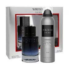 Coffret WRITER pour homme avec flacons argenté et noir et bleu.